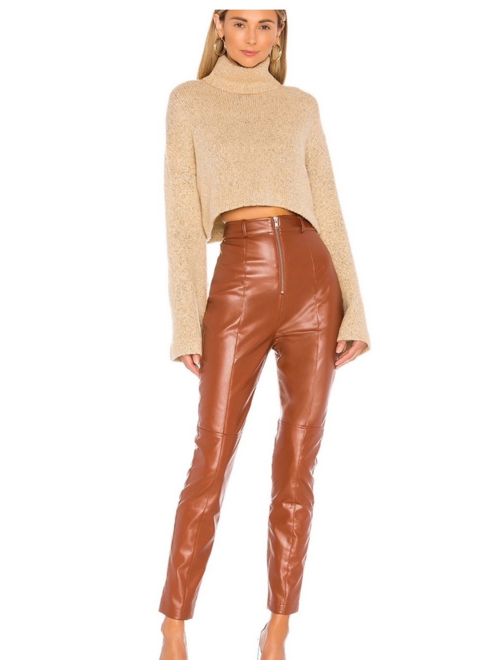 Lovers + Friends High-Waist Faux Leather Pants in Cognac Brown